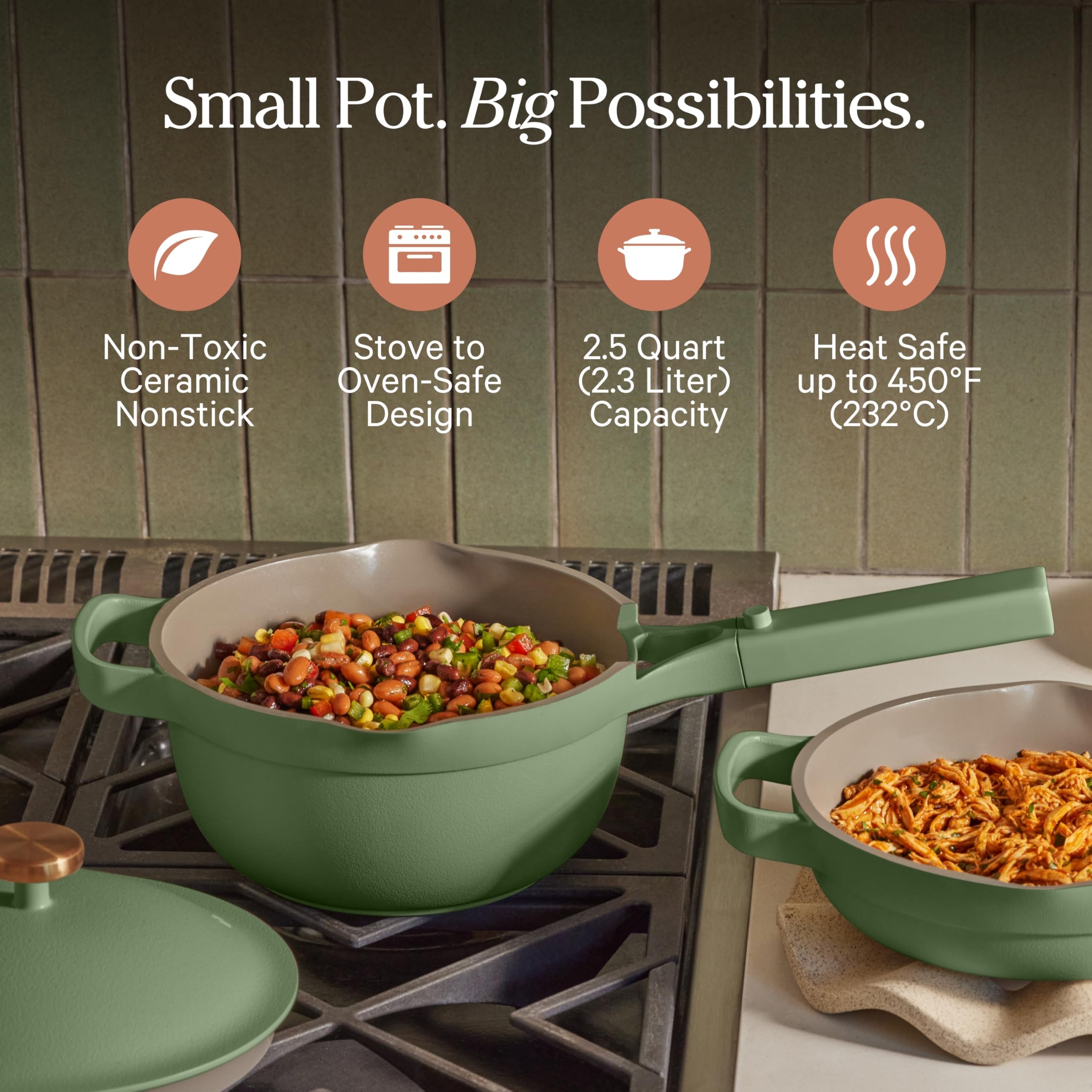 Our Place lid closeup displaying self‑basting dome and built‑in strainer benefit
