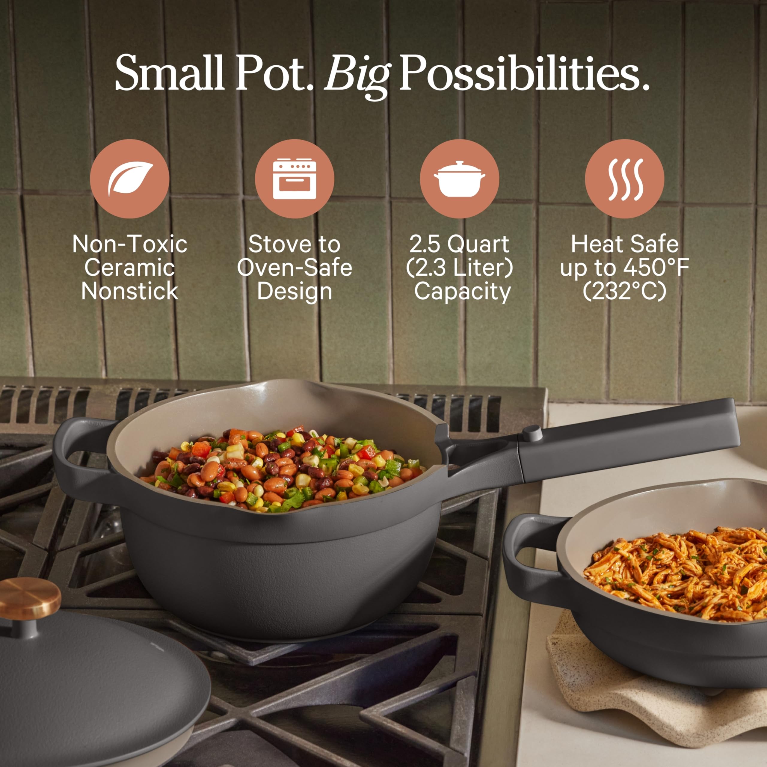 Our Place lid close-up highlighting domed self-basting design and integrated strainer