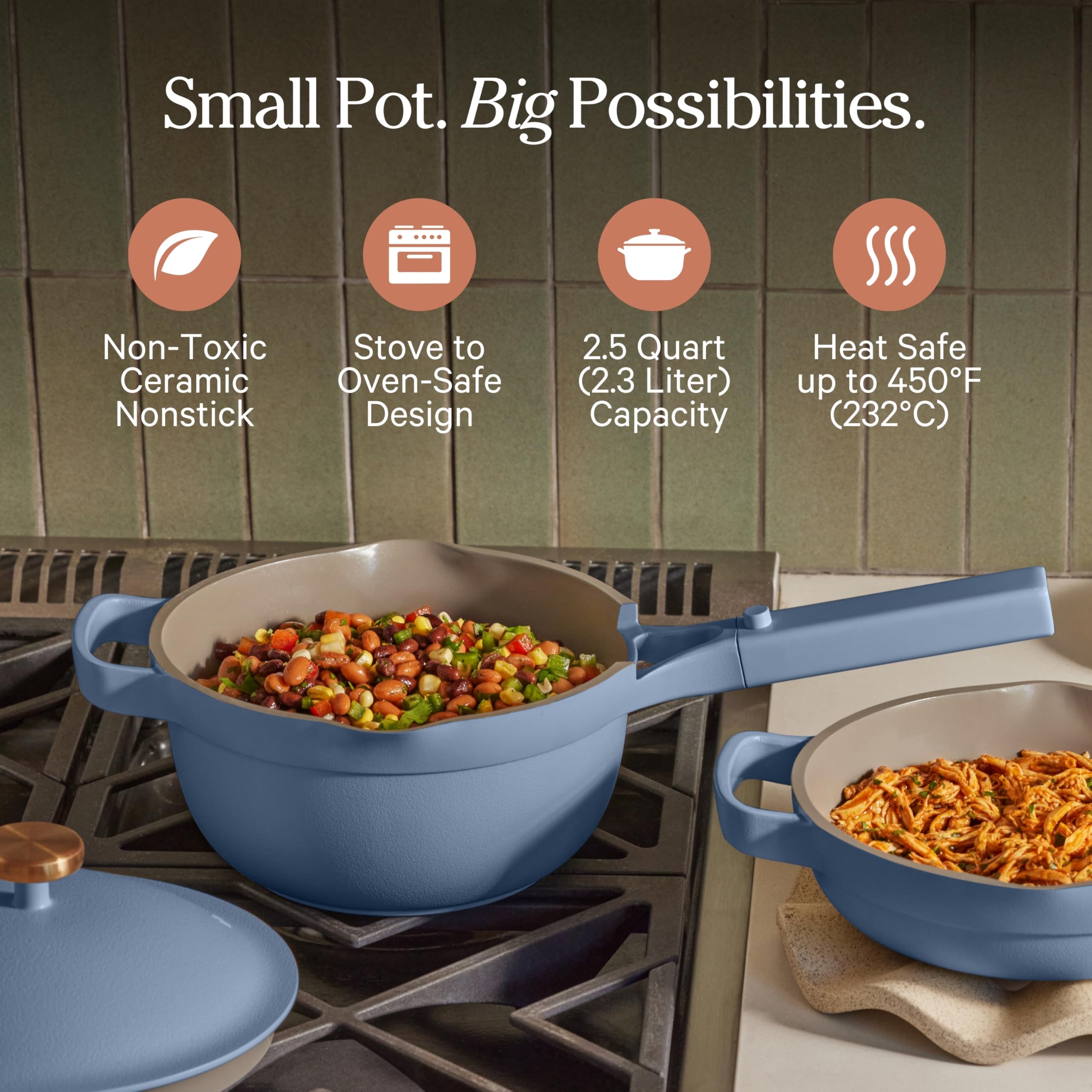 Our Place lid close-up showing built-in strainer and self-basting dome for moisture retention
