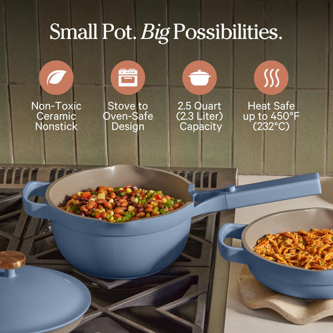 Our Place lid close-up showing built-in strainer and self-basting dome for moisture retention