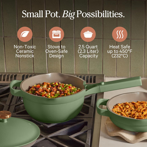 Our Place lid closeup displaying self‑basting dome and built‑in strainer benefit