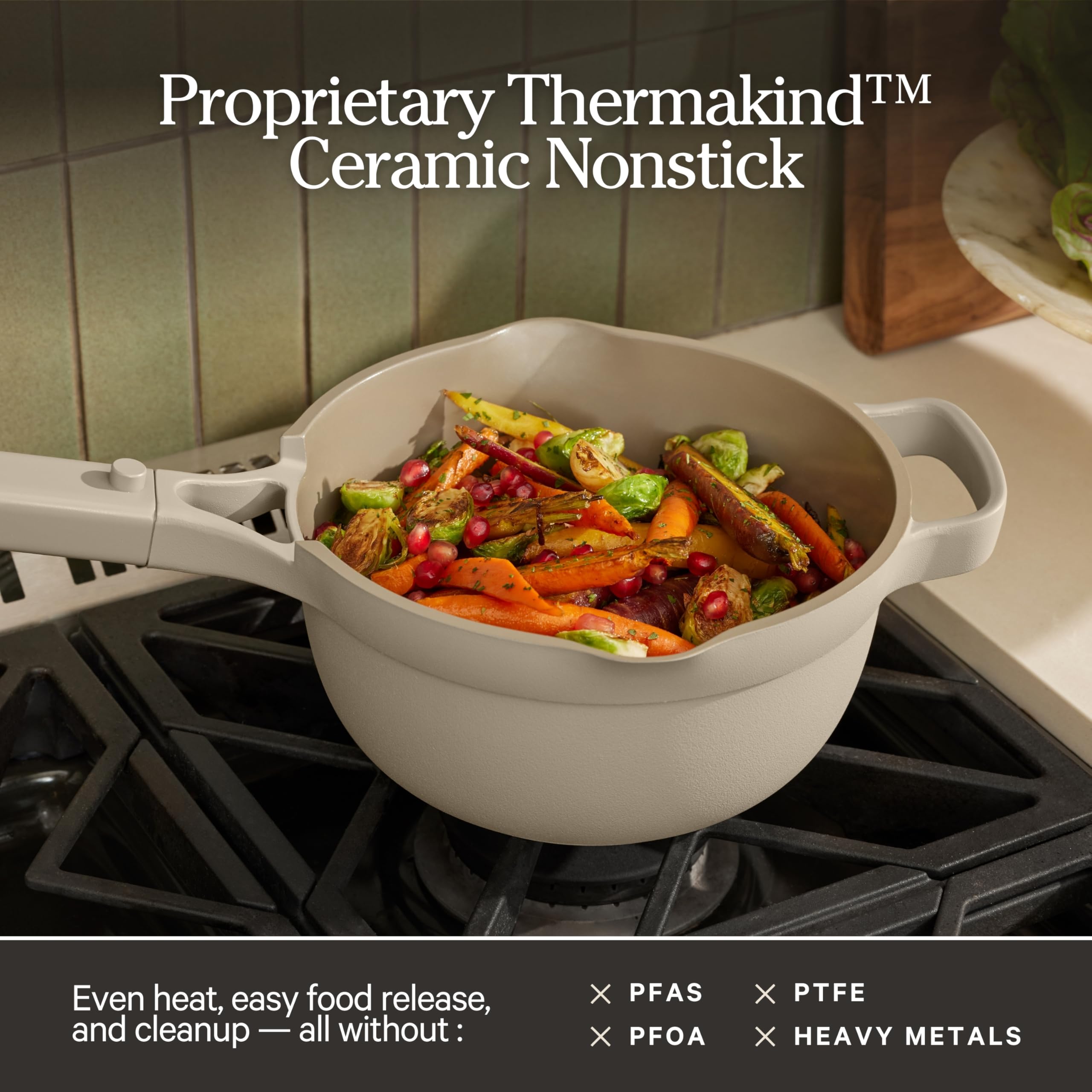 Our Place Mini Perfect Pot lid with built-in strainer for convenient draining and rinsing