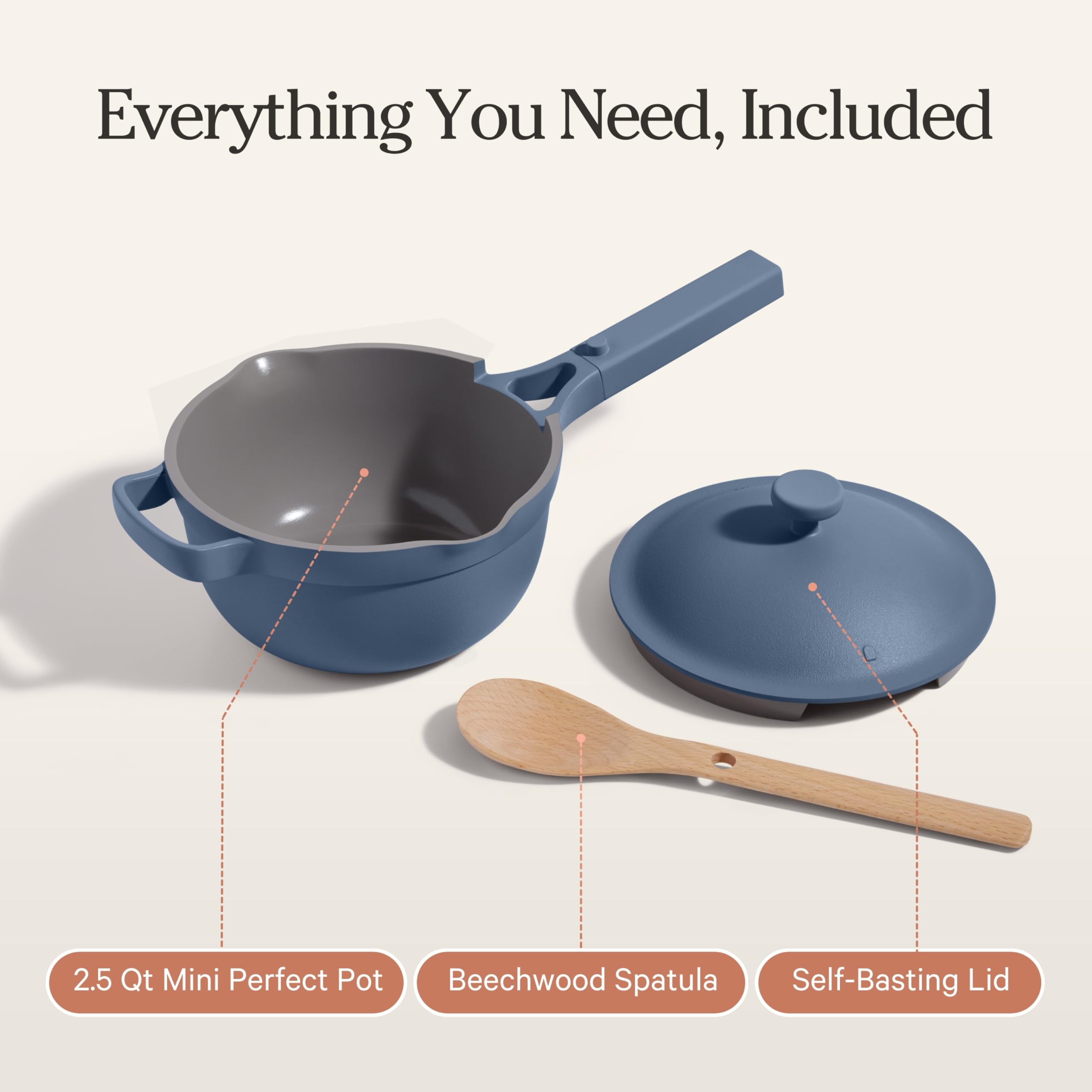 Our Place pot styled in kitchen setting to show everyday use and compact storage benefit
