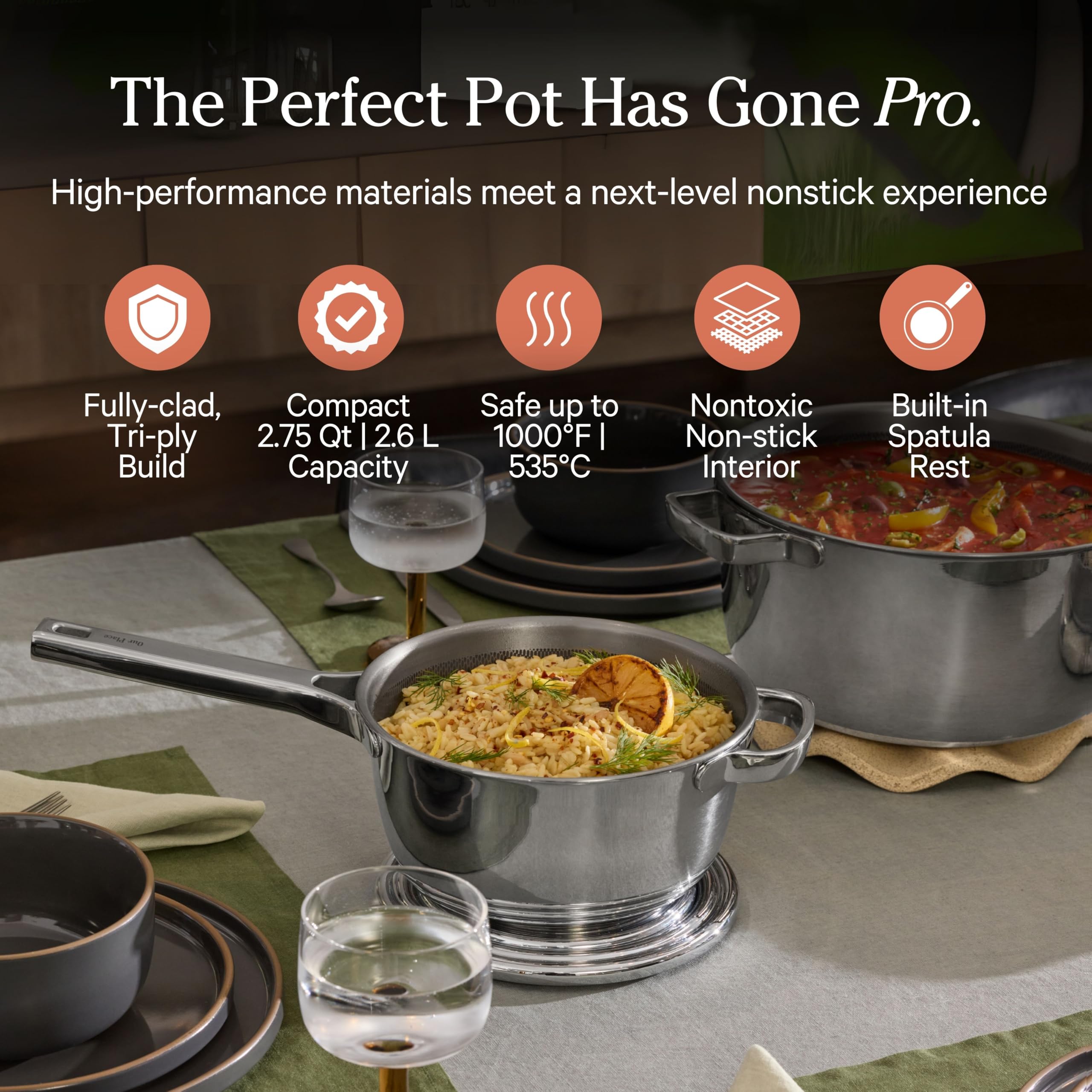 Our Place stainless steel lid detail highlighting secure fit and heat retention benefit