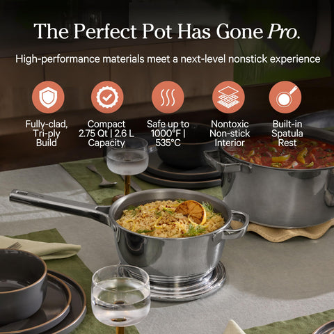 Our Place stainless steel lid detail highlighting secure fit and heat retention benefit