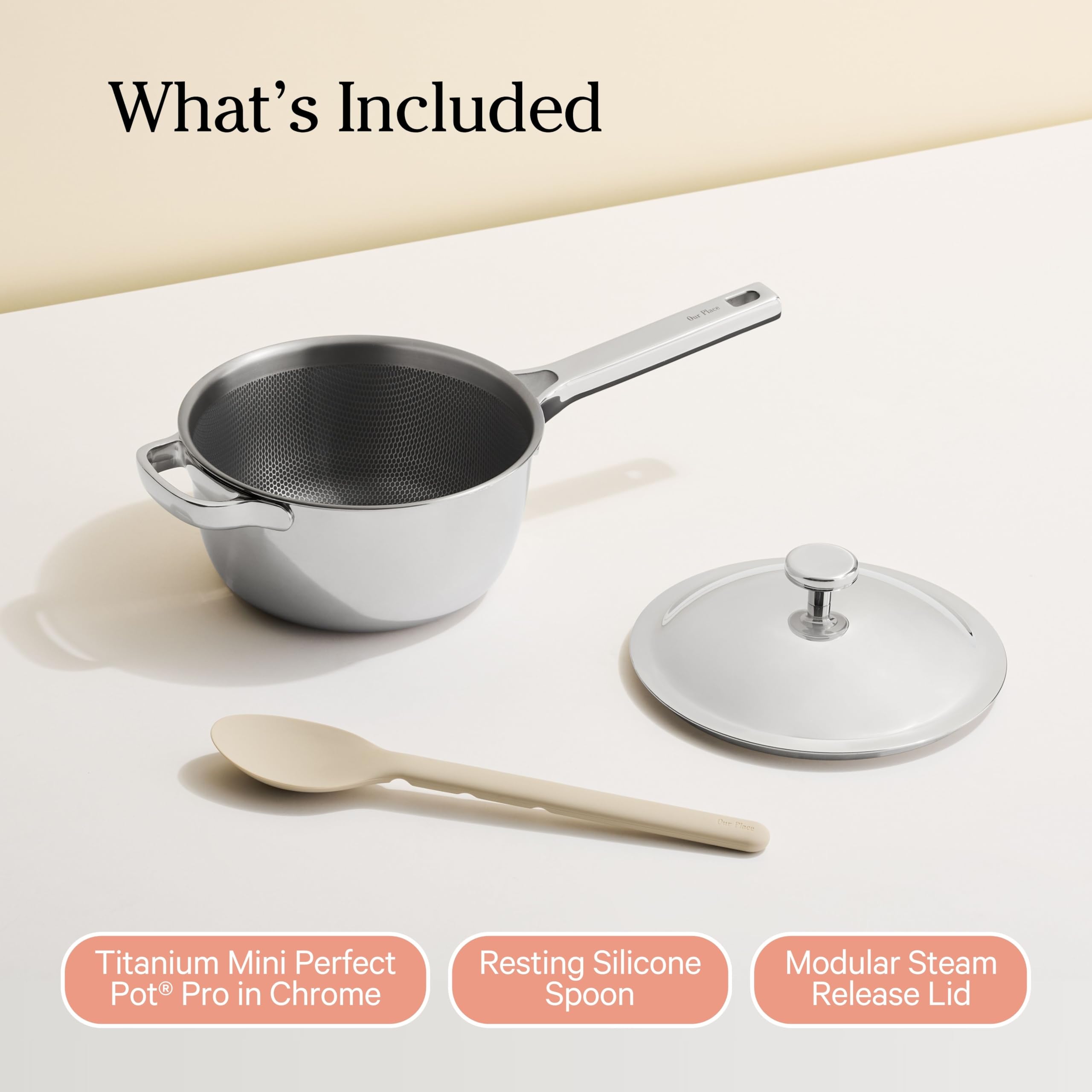 Our Place pot beside a measuring cup to show 2.75 qt scale for portion planning