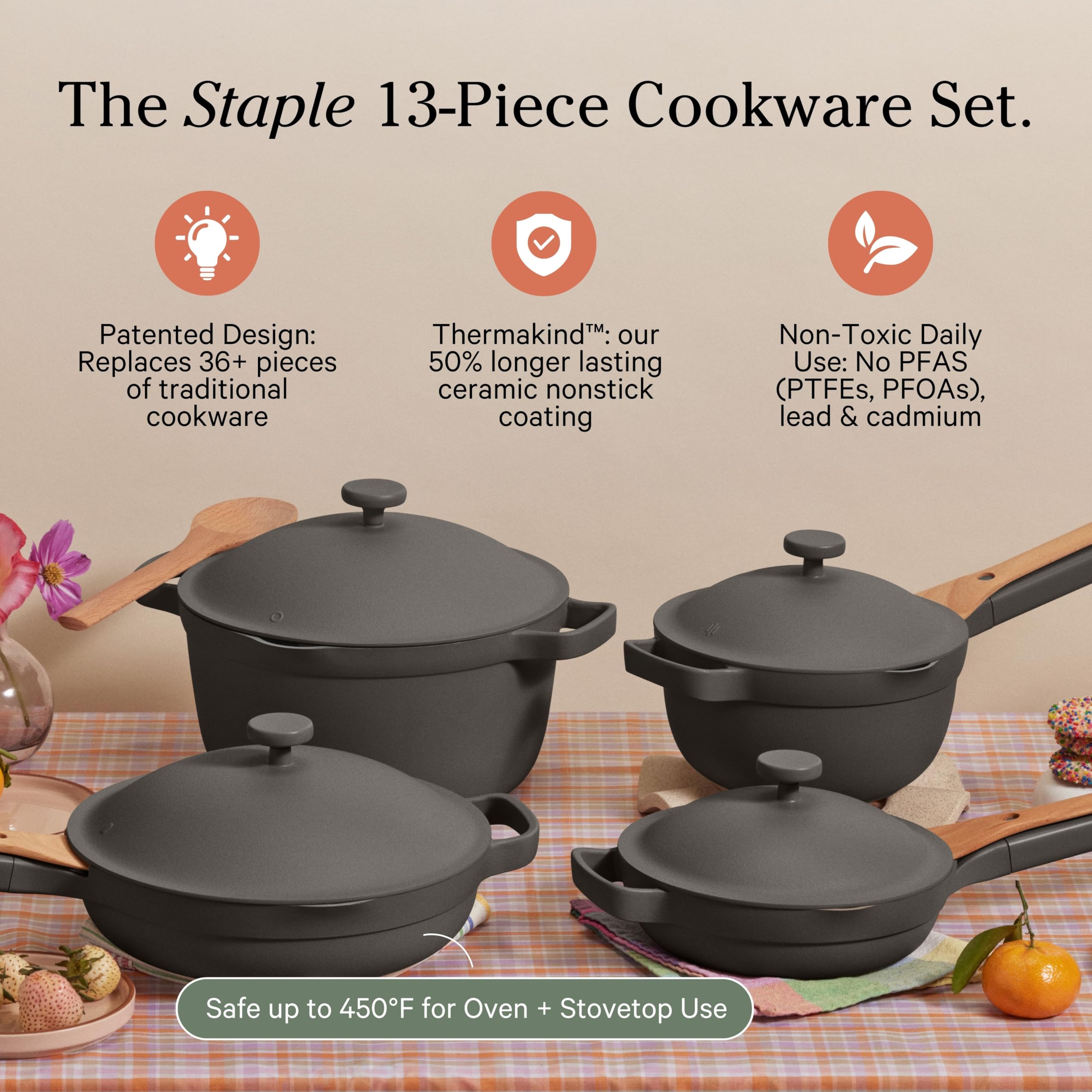 Our Place open cookware arrangement showing lids off to highlight capacity and multifunction use
