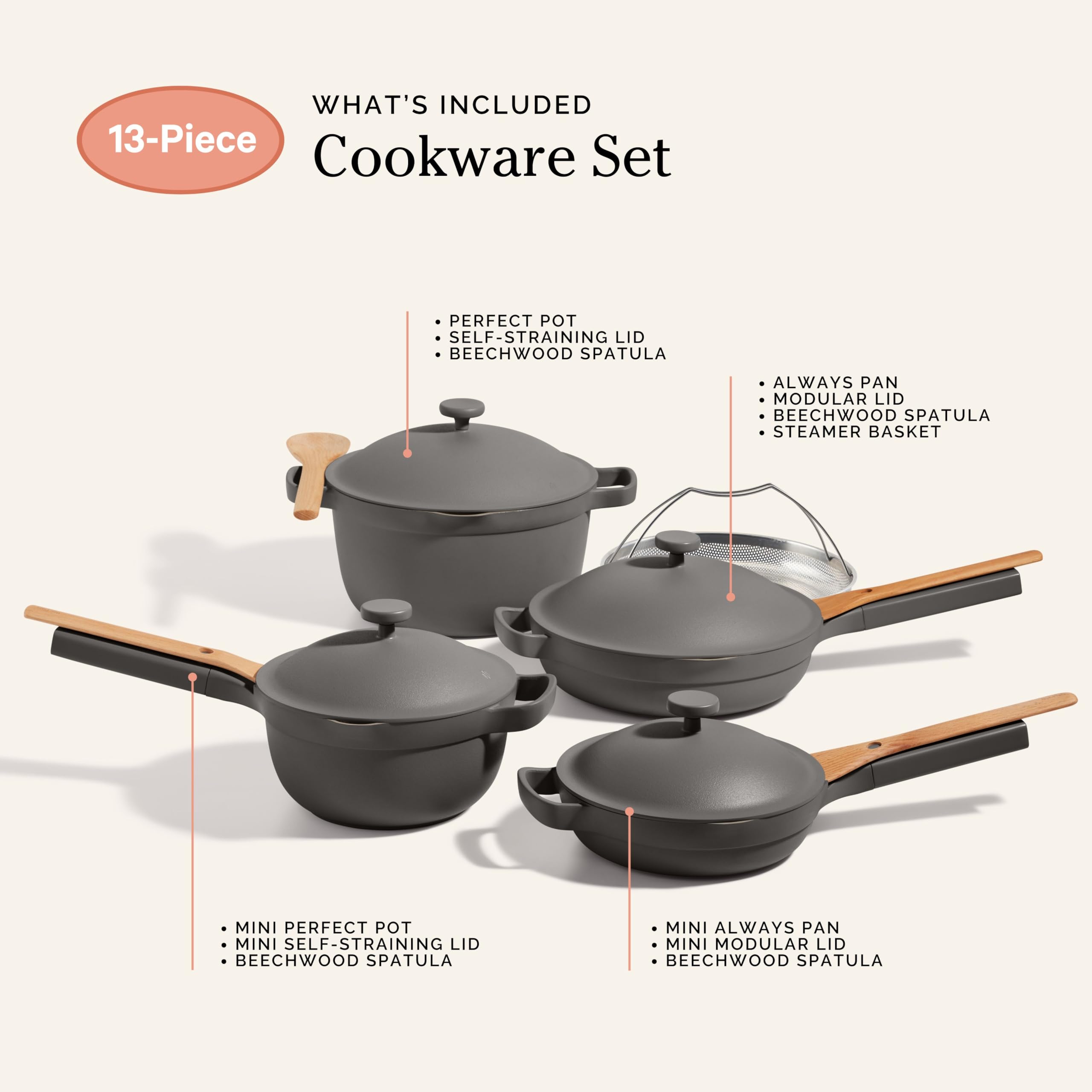 Our Place stacked cookware size comparison demonstrating space-saving storage advantage