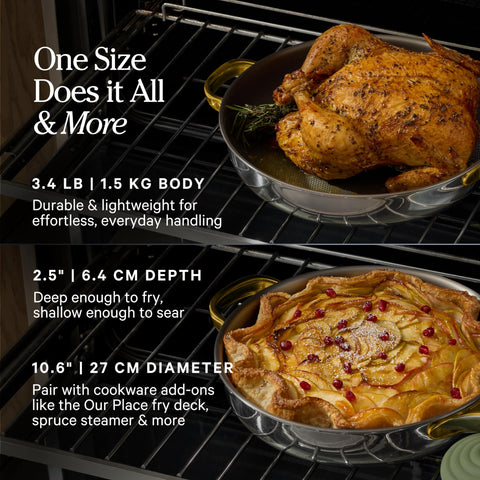 Our Place pan next to plate for scale showing 10.6-inch size and versatile cooking benefit