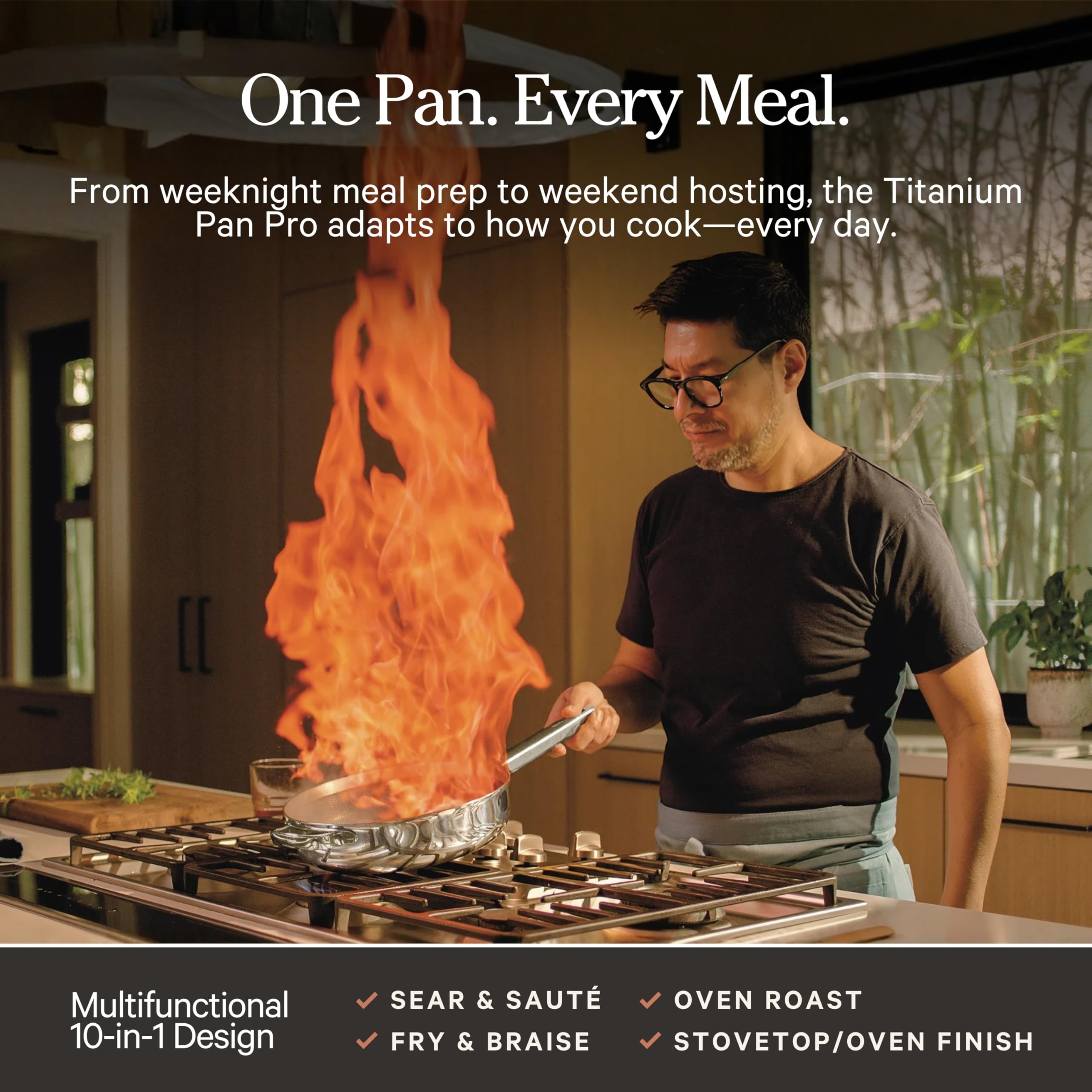 Our Place pan side profile on induction cooktop showing compatibility and even heating benefit