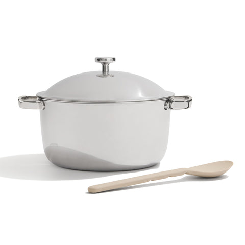 Our Place pot front view showing sleek exterior and balanced handle for durability