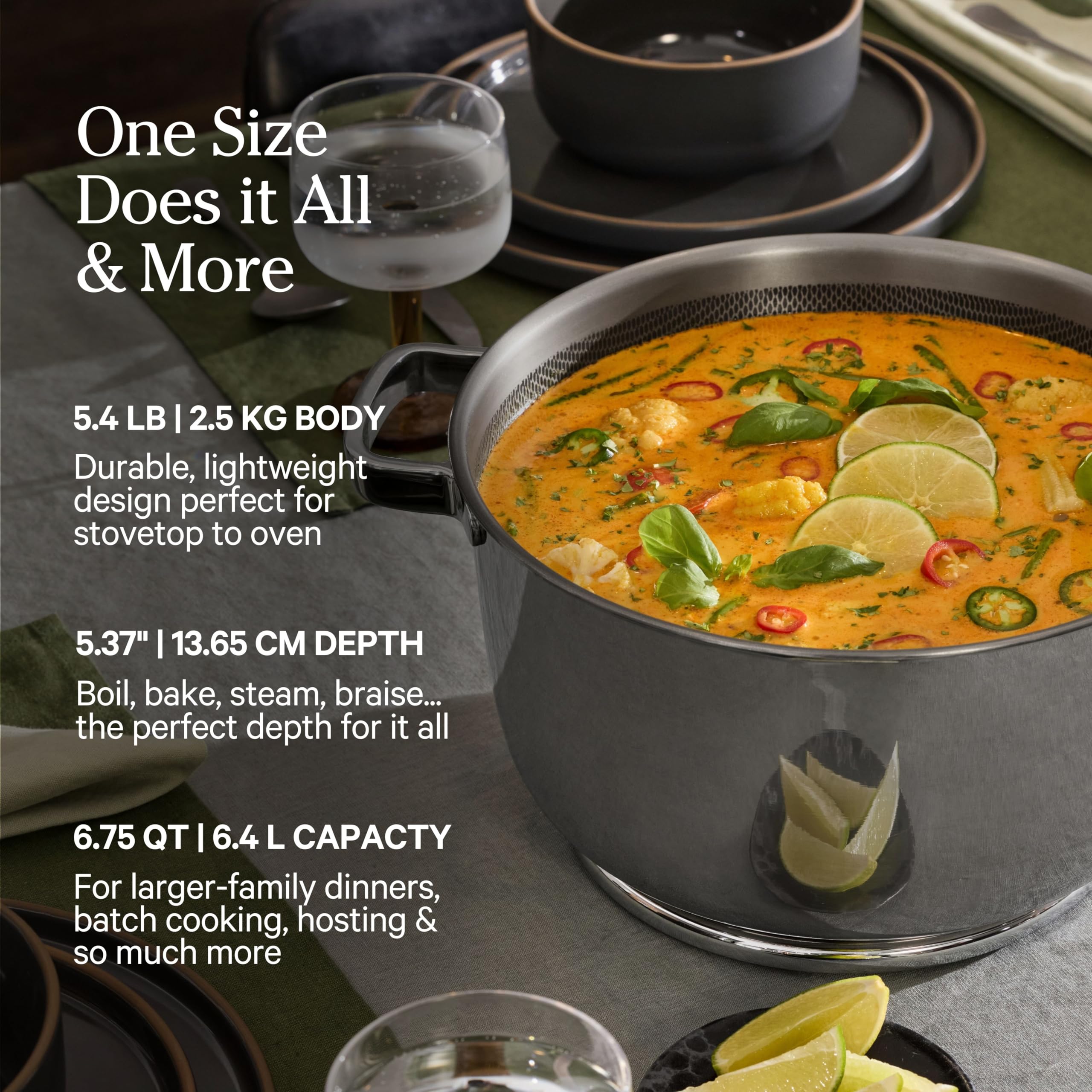 Our Place pot on stovetop with seared vegetables demonstrating even heat distribution