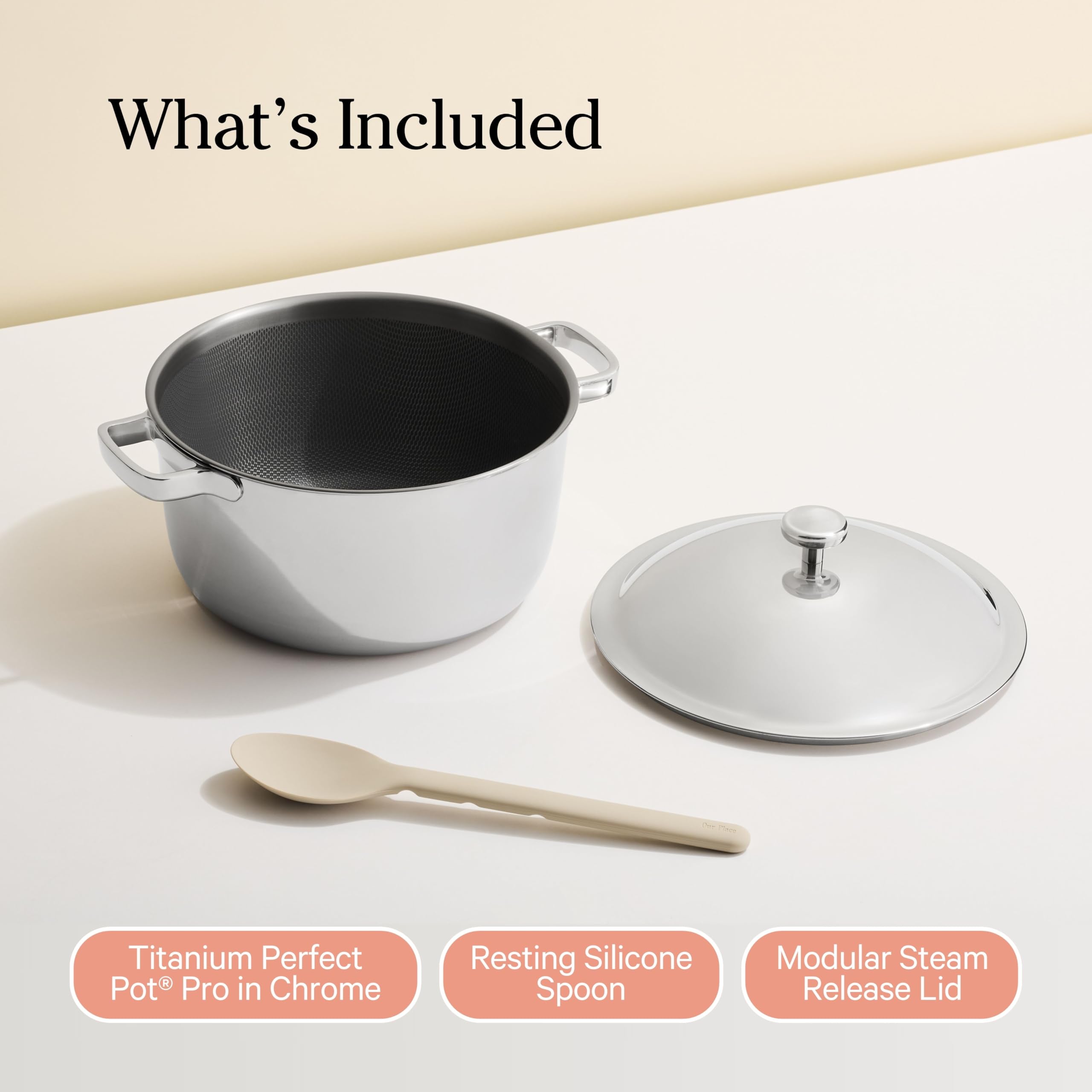 Our Place pot beside common kitchen items showing 6.75-quart capacity for family meals