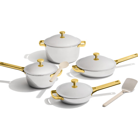 Our Place cookware front packaging showing full 10-piece set and benefits