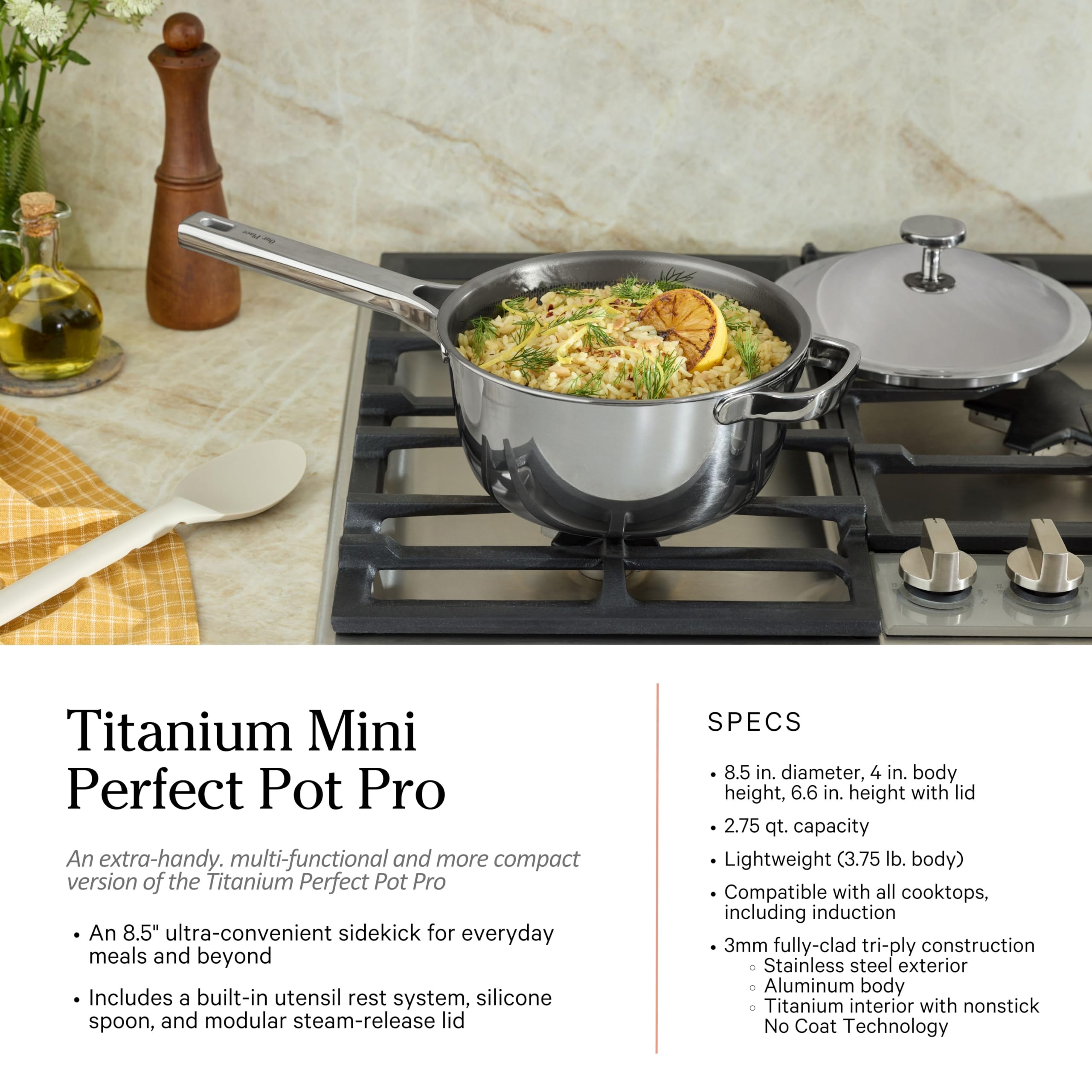 Our Place handle detail showing ergonomic grip and secure oven-to-stovetop handling