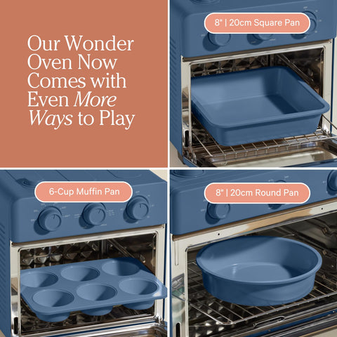 Our Place round pan top-down with cake to show even browning and easy release