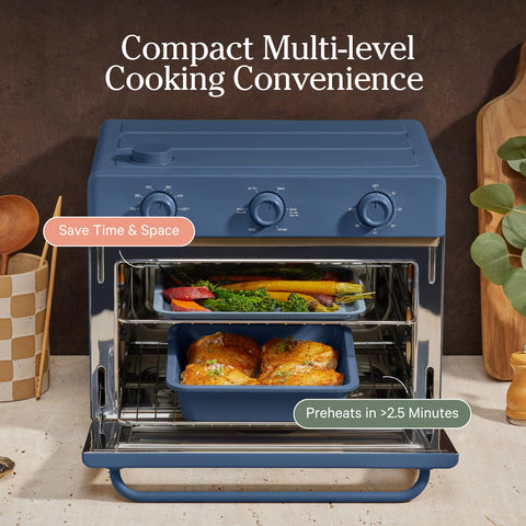 Our Place stacked pans next to ruler to show scale and compact storage benefit