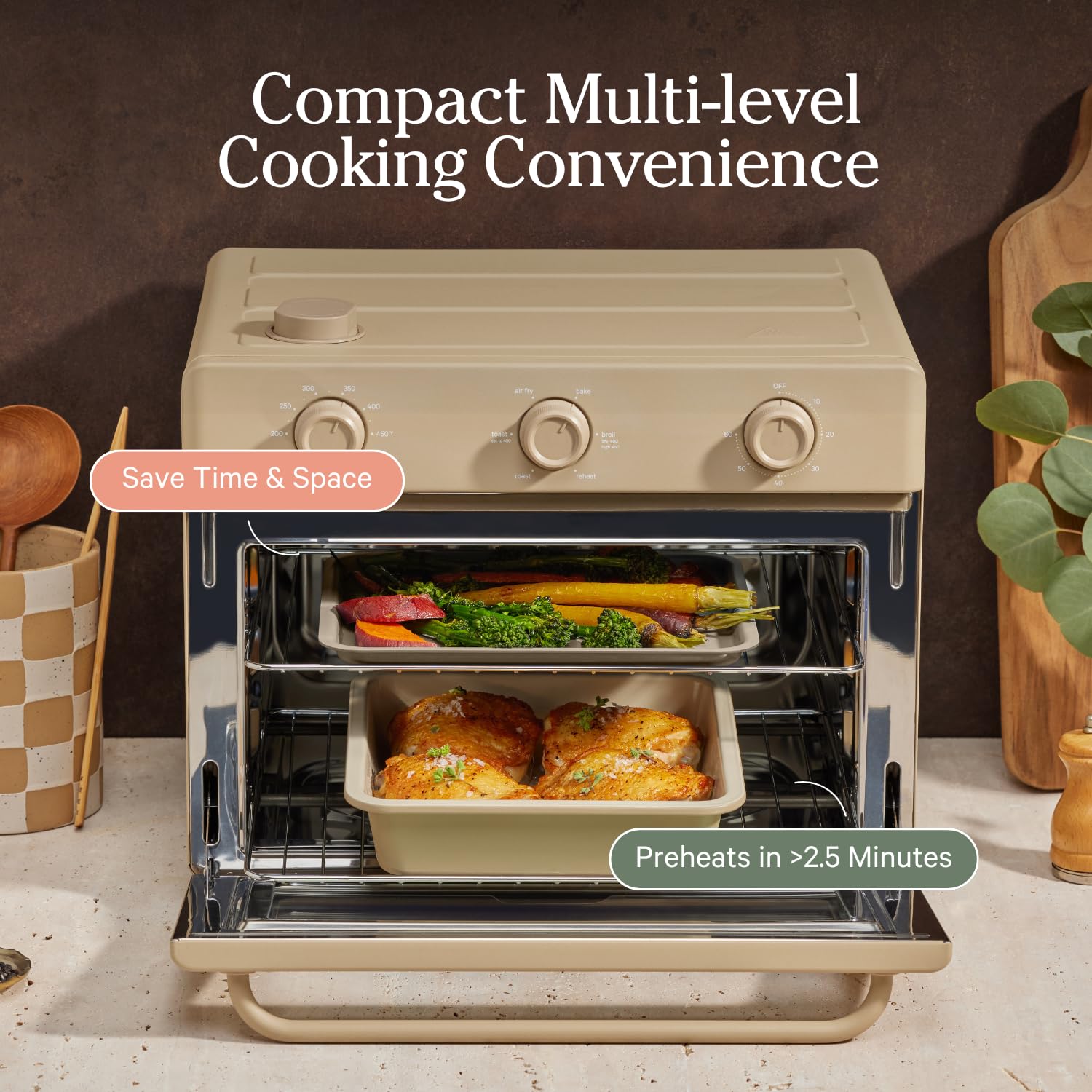 Our Place Wonder Oven pans beside measuring tape showing compact sizes for small ovens