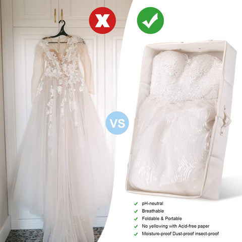 Ourea open box showing folded wedding gown and safe organization