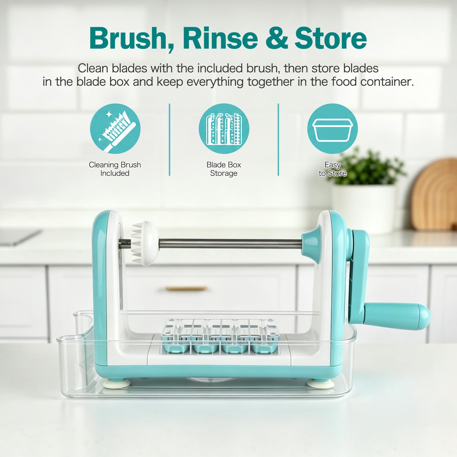Ourokhome spiralizer on kitchen counter with prepared zucchini noodles for serving