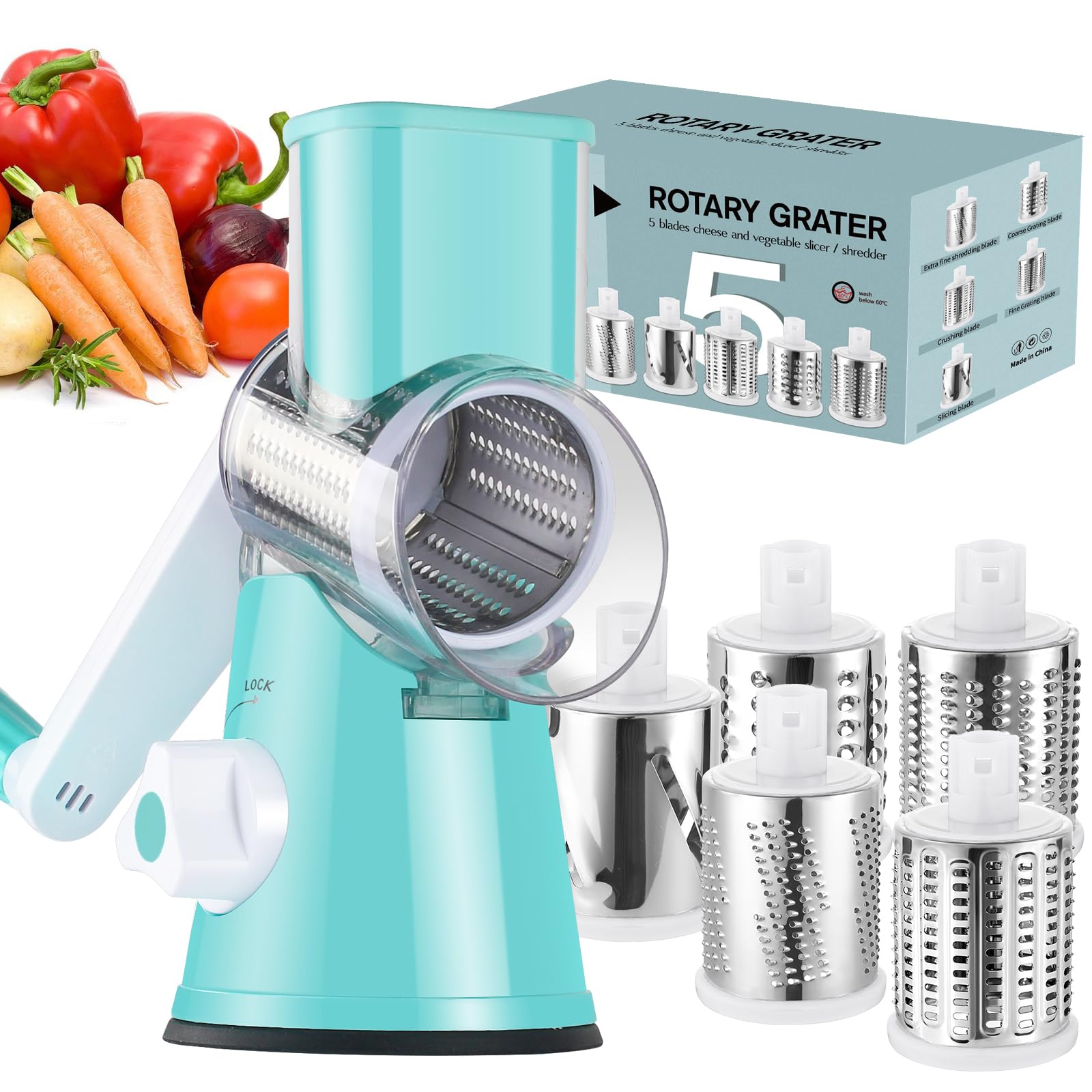Ourokhome front view showing blue rotary grater and stable base for efficient prep