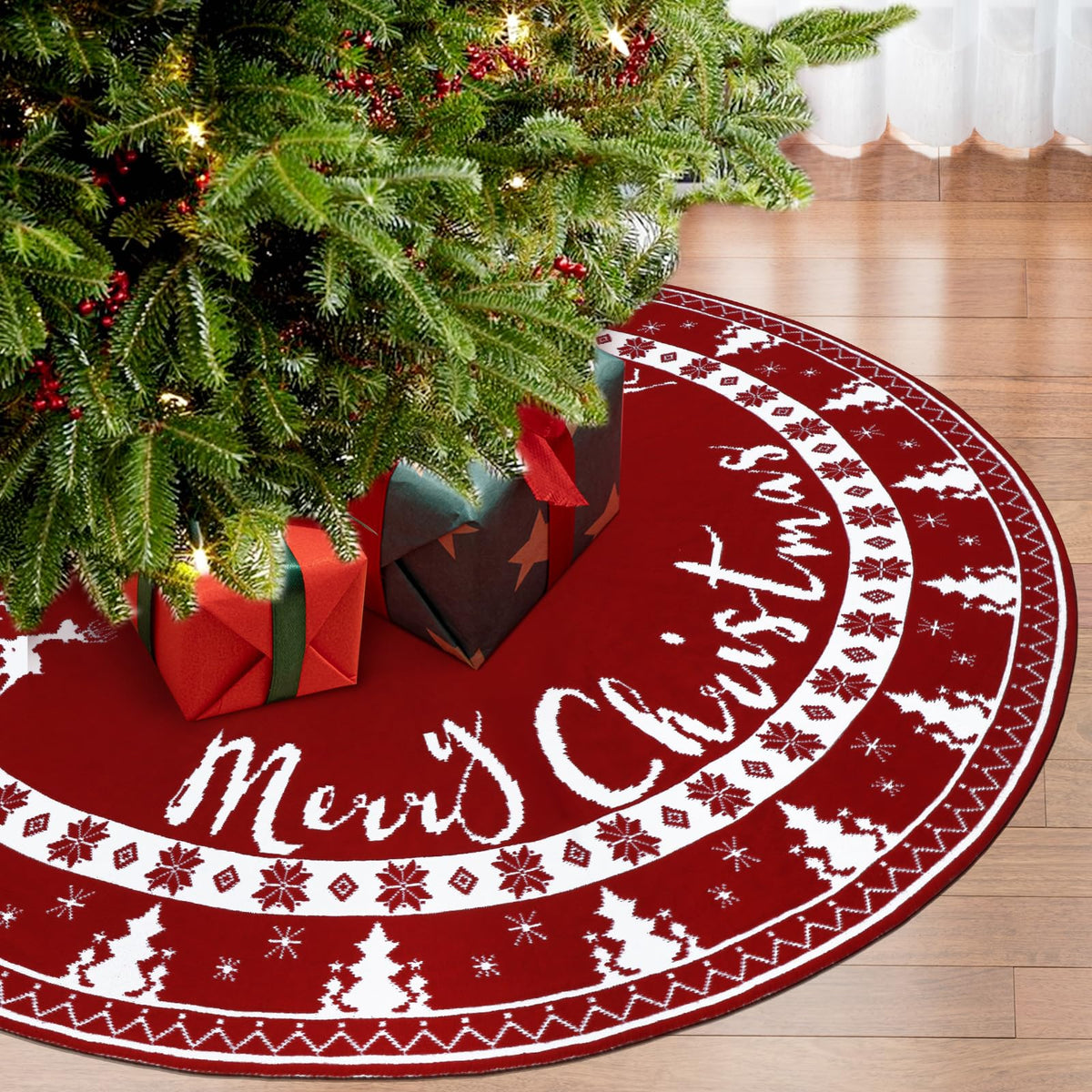 OurWarm red knit tree skirt full front view shows festive base coverage benefit