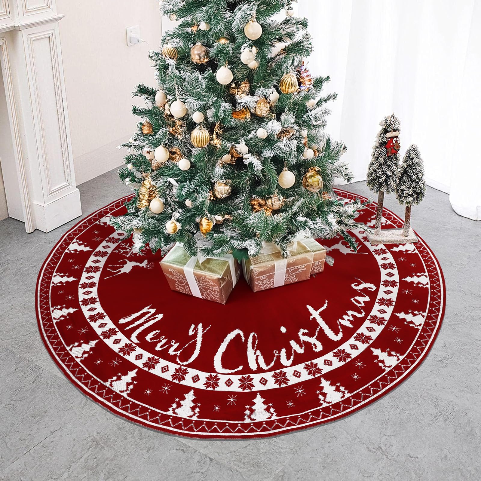 OurWarm skirt in use beneath decorated tree protecting floor and hiding stand