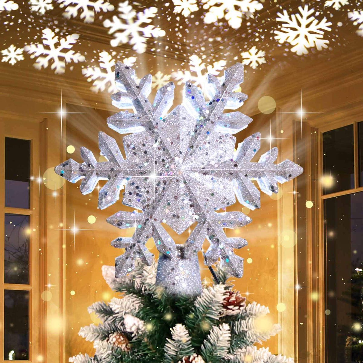 OurWarm snowflake topper front view showing silver finish and sparkle benefit
