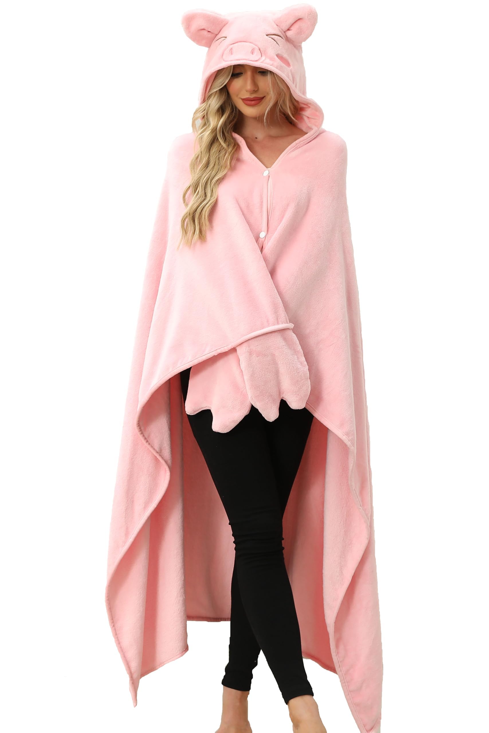 OUSIEDISIE front view of pink pig hooded blanket shows full coverage and cozy look