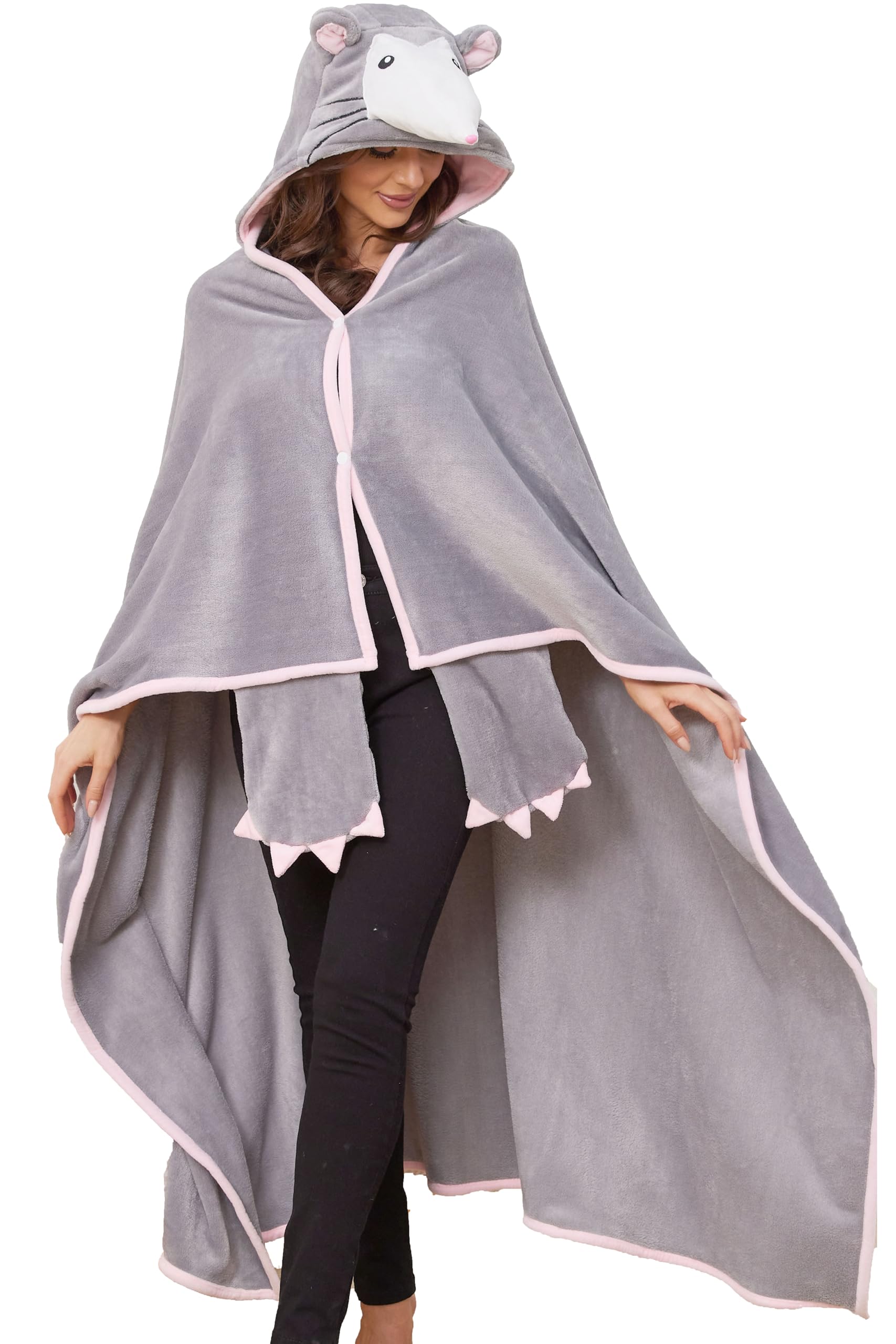 OUSIEDISIE possum hooded blanket front view showing cozy coverage and playful design