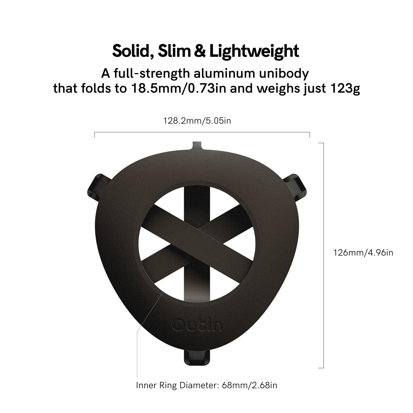 OutIn close-up of hinge and leg highlighting CNC aluminum strength and scratch resistance