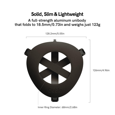OutIn close-up of hinge and leg highlighting CNC aluminum strength and scratch resistance