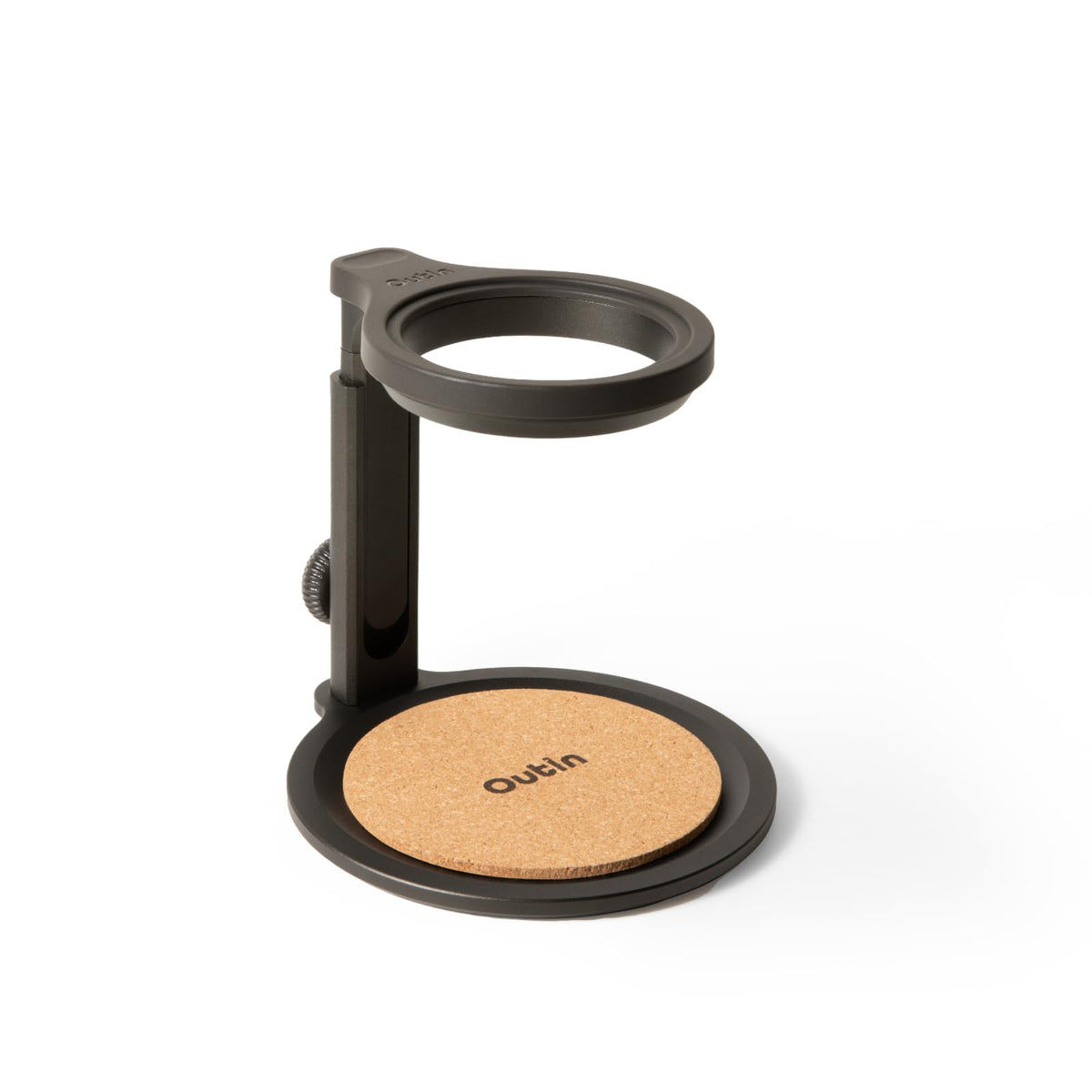OutIn front view showing stable aluminum stand and cork pad for secure brewing