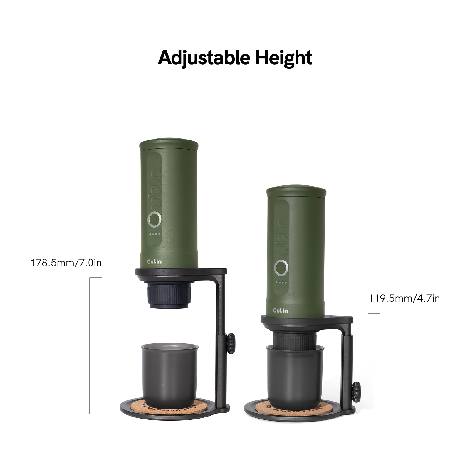 OutIn showing height adjustment feature for versatile brewer and mug fit