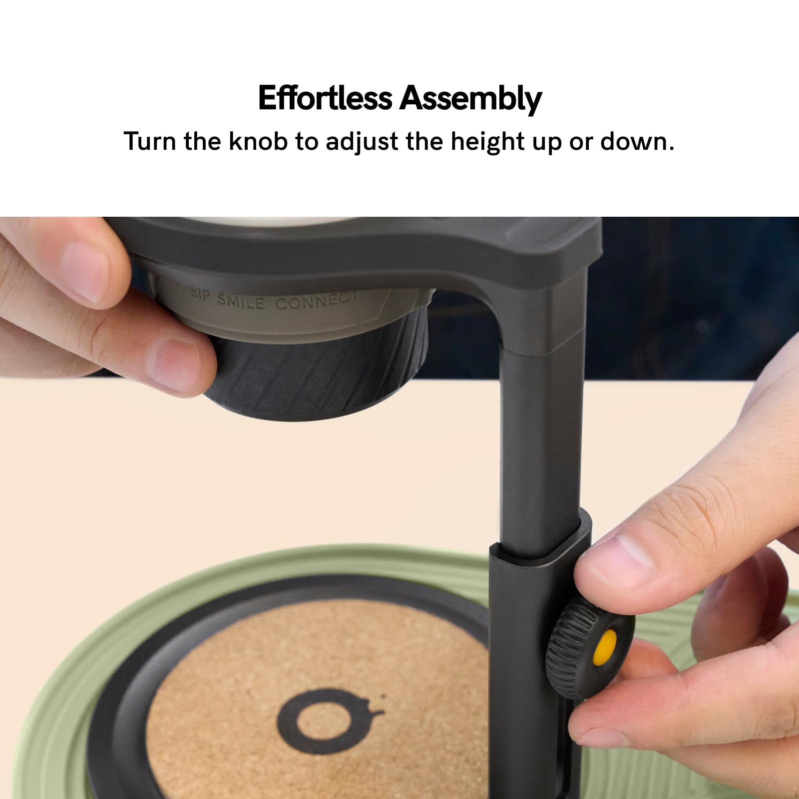 OutIn in use with pour-over dripper demonstrating hands-free pouring stability