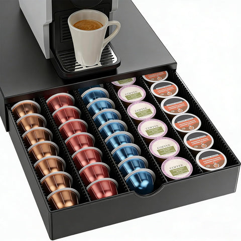 OUTIOE front view under coffee machine showing space-saving placement and neat storage