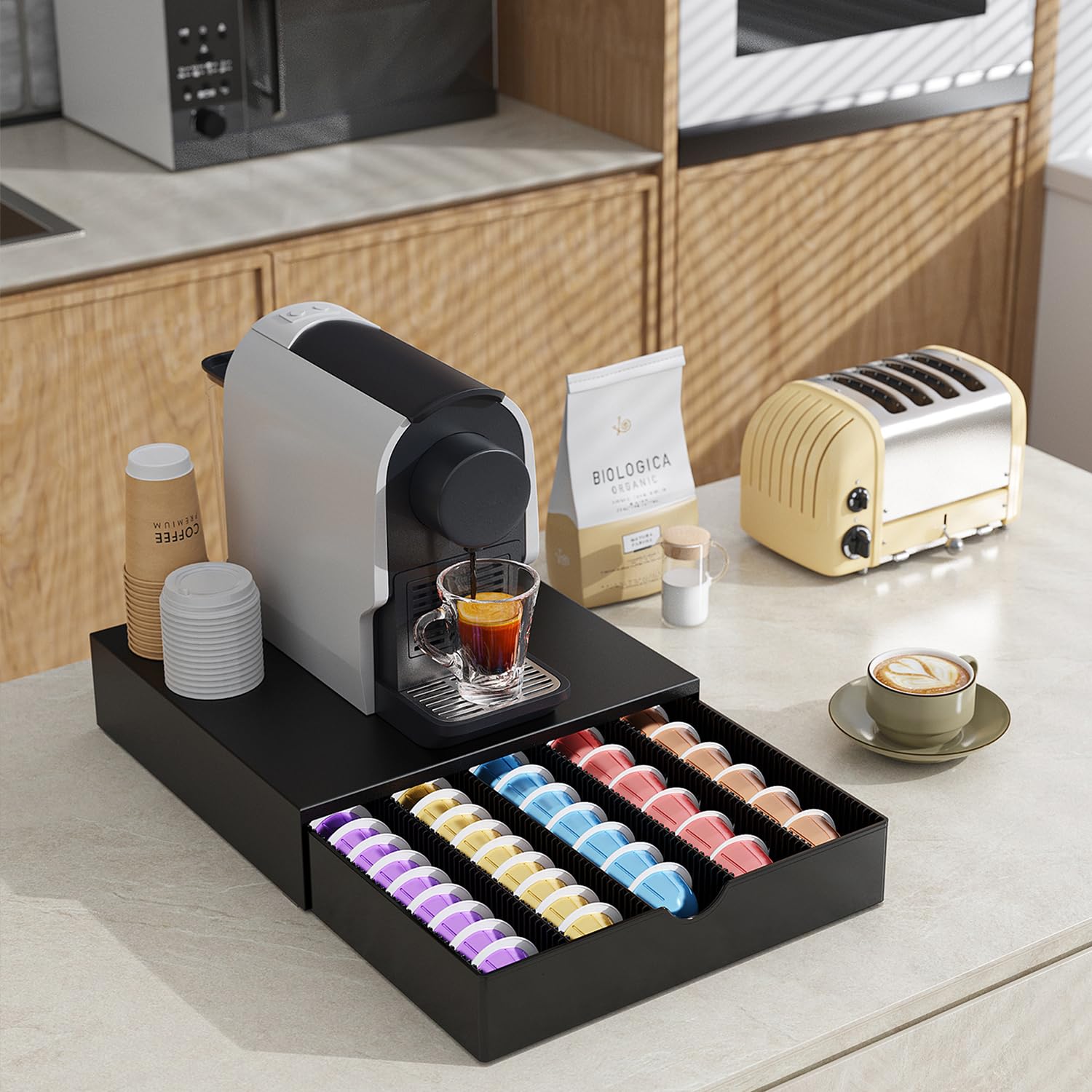 OUTIOE in a coffee bar lifestyle setting adding tidy storage and polished look