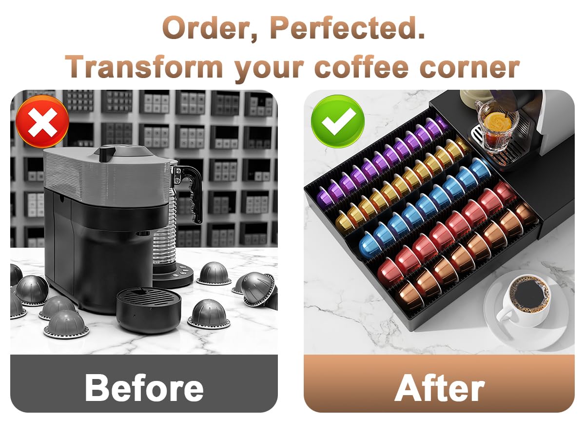 OUTIOE open drawer filled with Vertuo and K-Cup pods for easy grab-and-brew access