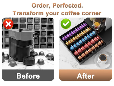 OUTIOE open drawer filled with Vertuo and K-Cup pods for easy grab-and-brew access