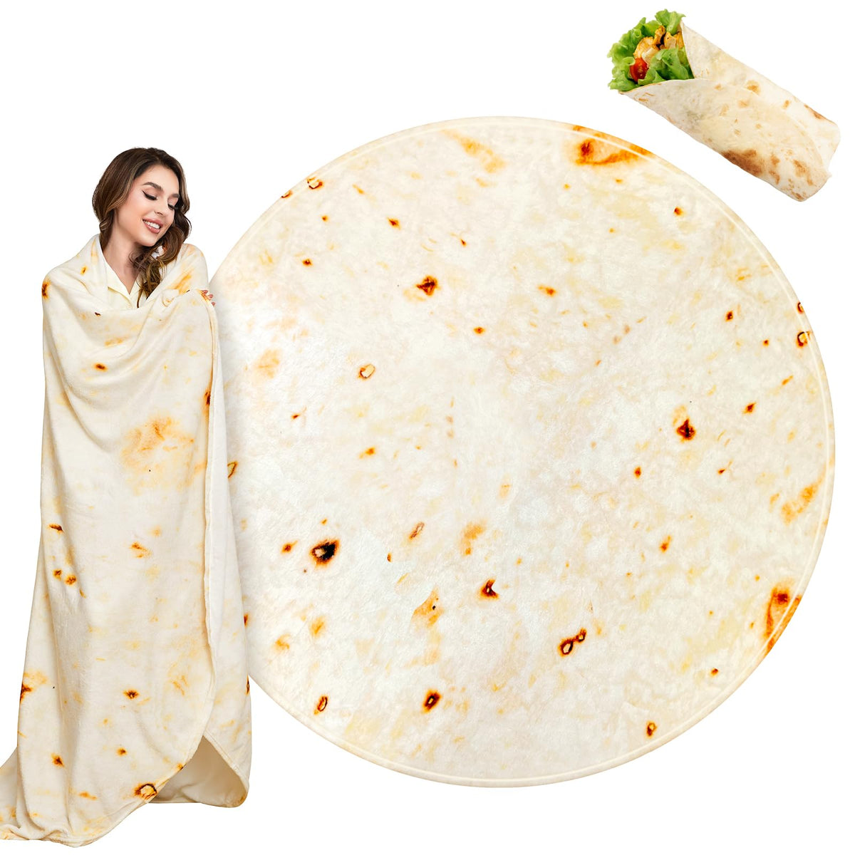 Outivity tortilla blanket front view showing full round design and fun pattern