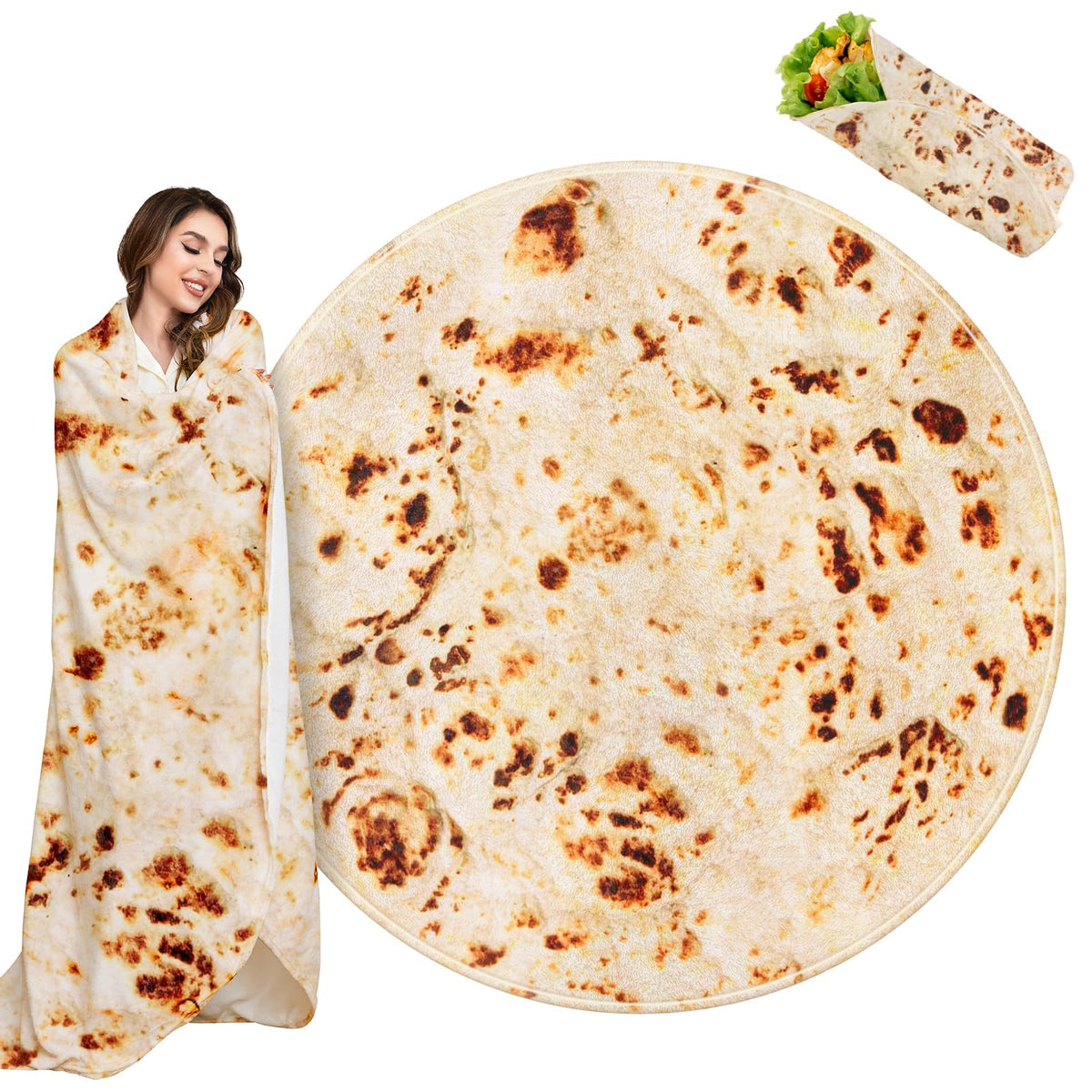 Outivity tortilla blanket front view showing full round print and fun design for cozy décor