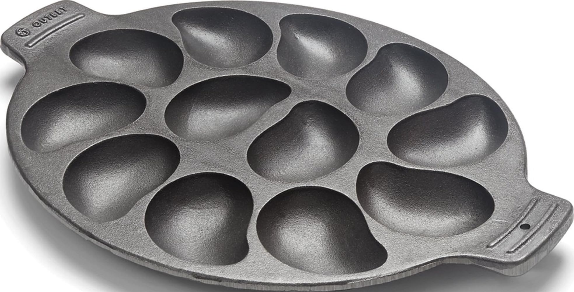 Outset cast iron oyster grill pan front view showing twelve wells and sturdy rim for serving