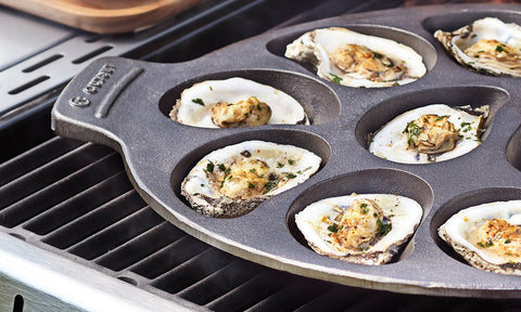 Outset oyster pan close-up of well texture and seasoned surface for easy food release