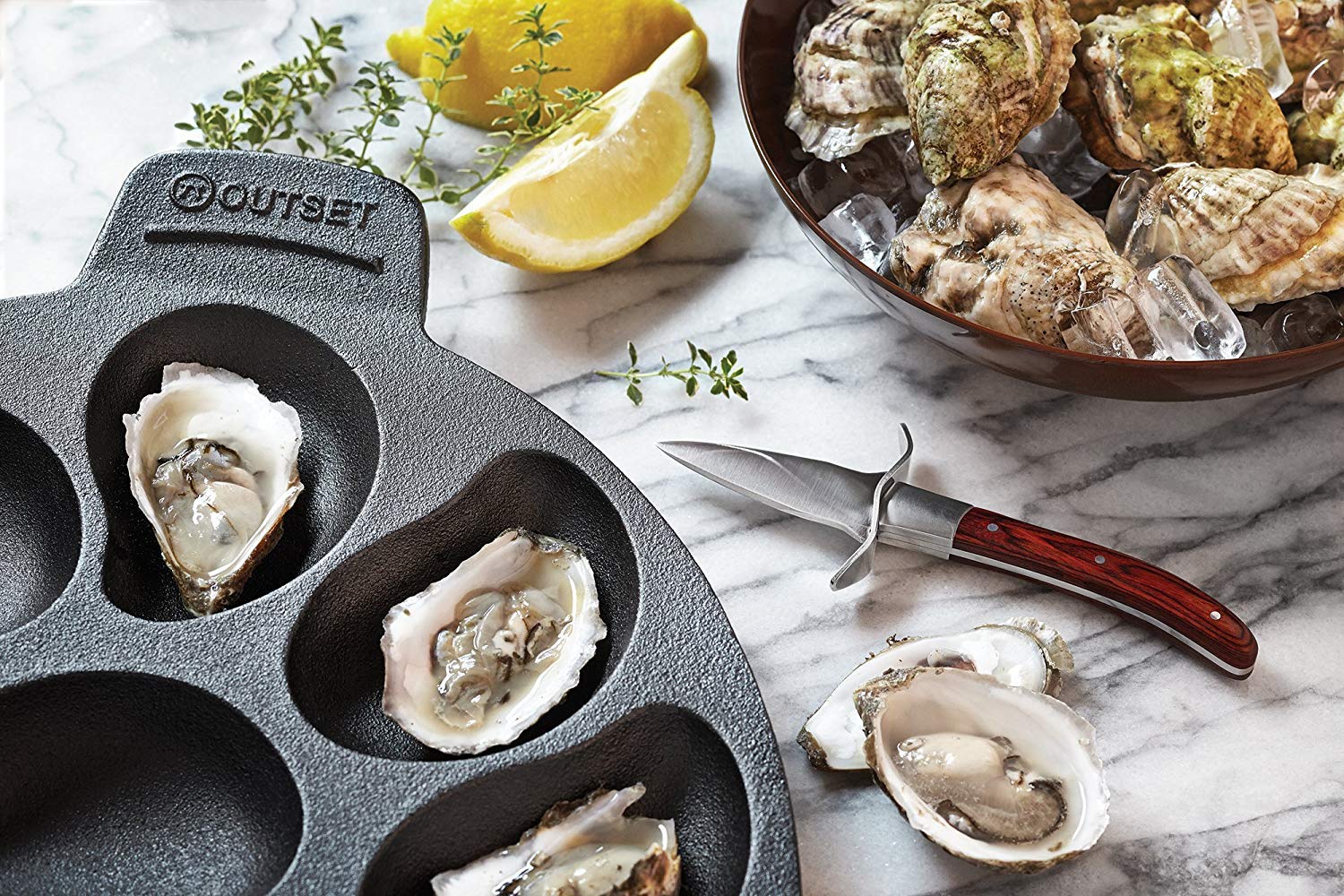 Outset pan label and seasoned surface detail highlighting durable finish and long-lasting use