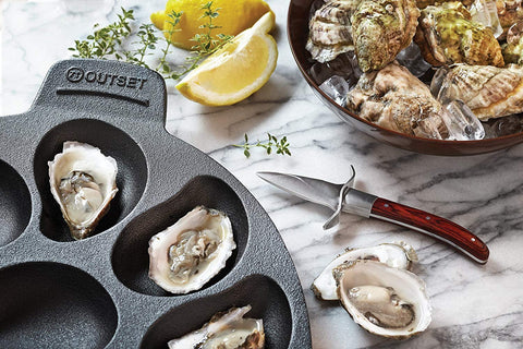 Outset pan label and seasoned surface detail highlighting durable finish and long-lasting use