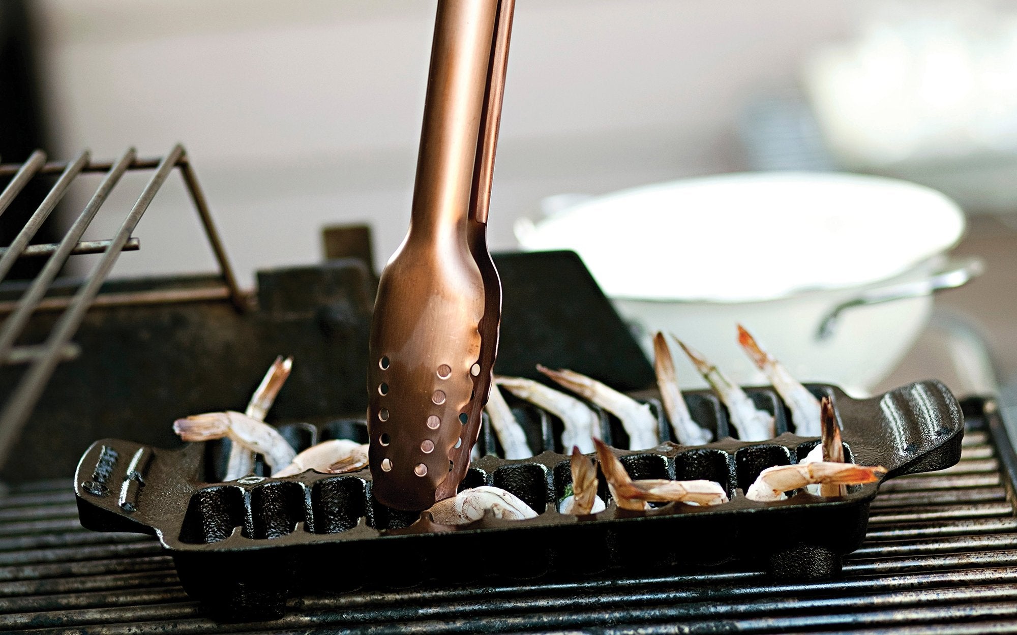 Outset shrimp pan presented on table as serving dish for easy entertaining