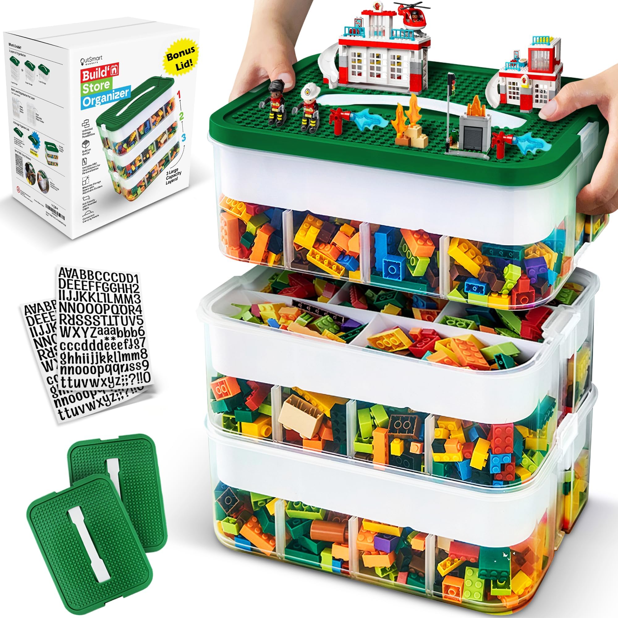 Outsmart Gadgets front view with contents showing organized bricks benefit quick finding