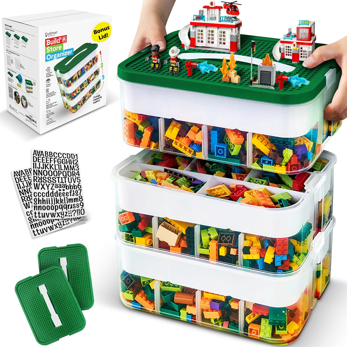 Outsmart Gadgets front view with contents showing organized bricks benefit quick finding