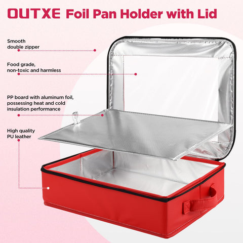 OUTXE foil-lined tray with 9x13 pan inside offering insulation and stability