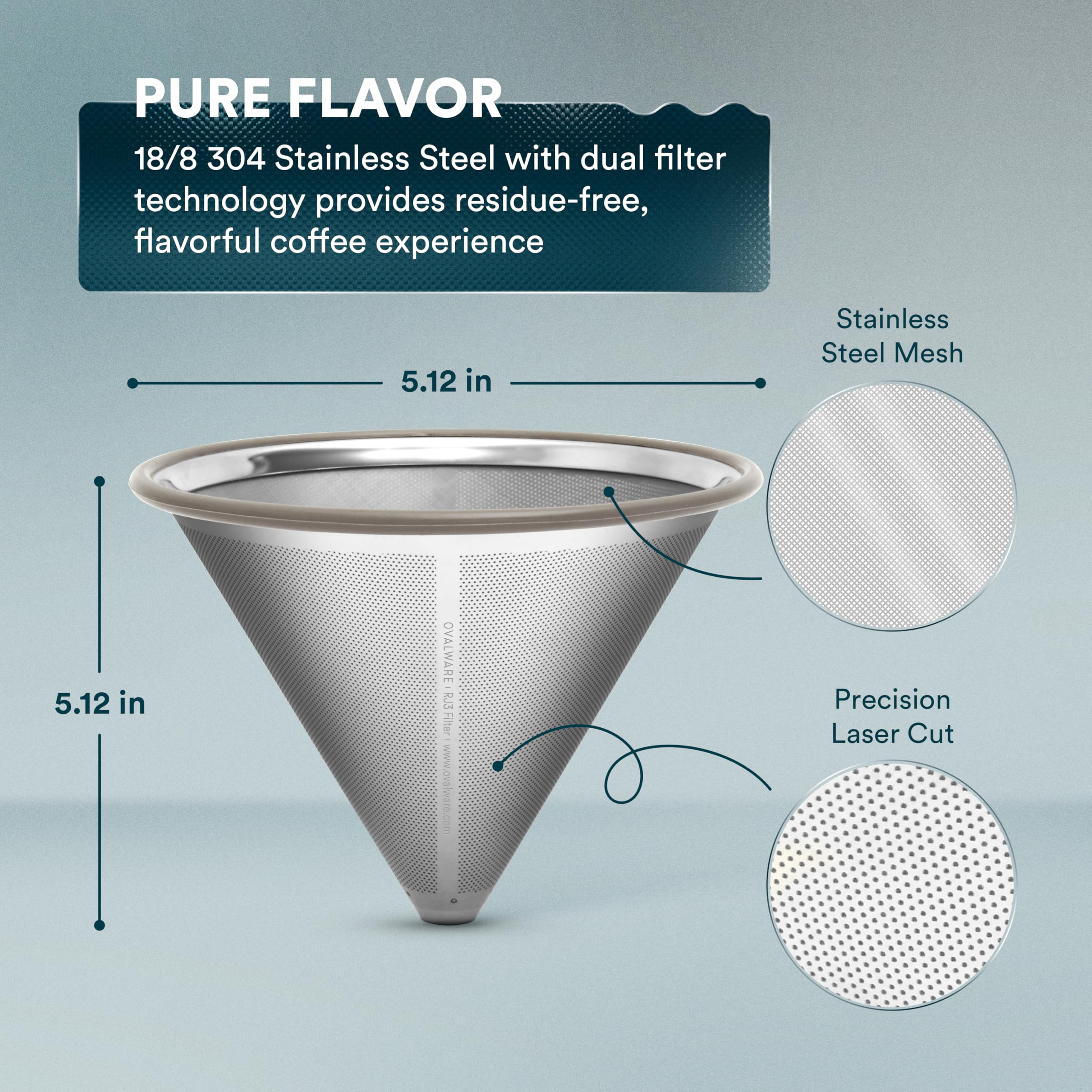 ovalware close-up of dual-mesh filter showing fine mesh and precise cut, preserves flavor